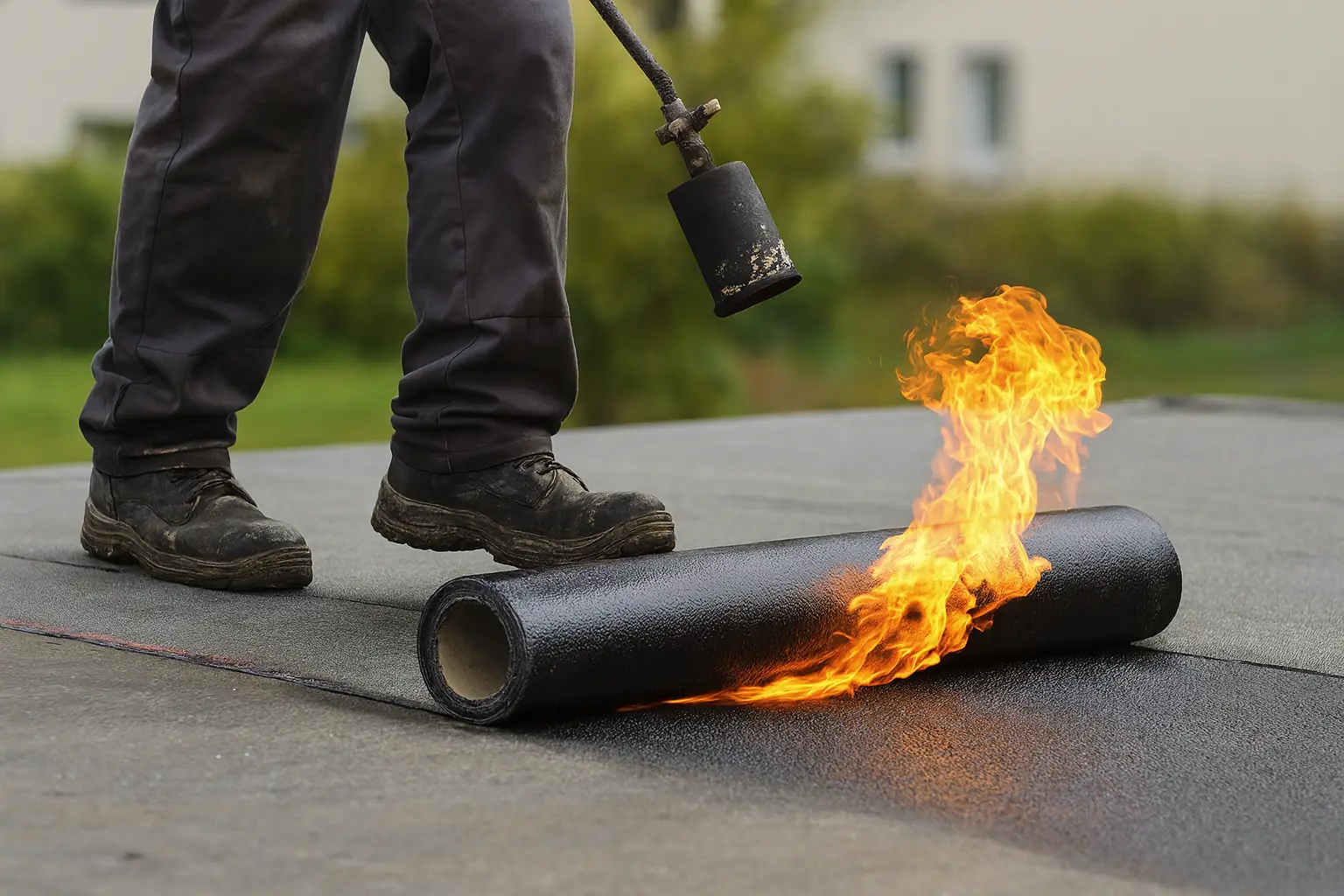 Professionele dakdekker installeert hoogwaardige bitumen dakbedekking op plat dak