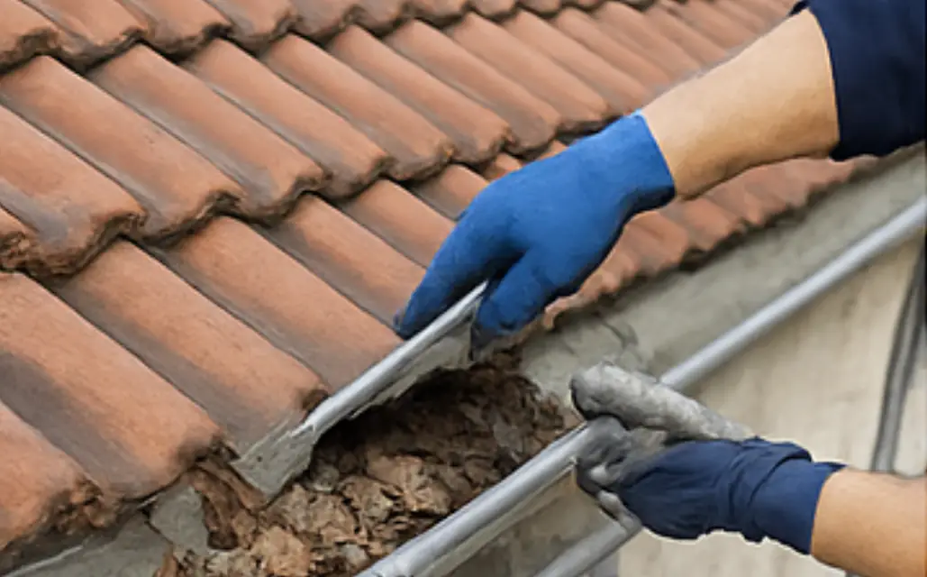 Dakgoot specialist reinigt verstopte dakgoot met bladeren en vuil
